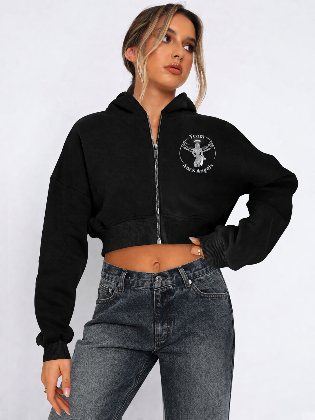 TEAM AM'S ANGELS Fleece Zipper Hoodie Casual Crop Jacket
